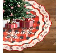 Christmas Tree Skirt 35 Inches,Xmas Tree Skirt Wavy Edges,Christmas Tree Mat With Red Plaid Snowflake Pattern,Christmas Decorations for Holiday Home Party (M-90cm)