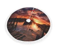 Christmas Tree Skirt 36" Tree Skirt with Tassel Boat harbor in the sunset Tree Skirt for Xmas Decor Festive Holiday Decorations Indoor Outdoor Tree Base Mat Decor
