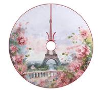 Christmas Tree Skirt 48"x48" Large Tree Skirt Paris Eiffel Tower with Flowers Xmas Trees Skirts Rustic Christmas Trees Mat Decorations for Winter New Year Holiday Party Decor Indoor Outdoor
