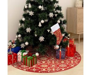Christmas Tree Skirt Red 122cm Luxury Polyester Snow Pattern with Matching Sock