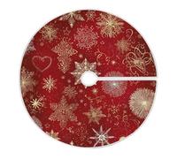 Christmas Tree Skirt Red Background with Gold Snowflakes and Hearts Xmas Tree Mat, Open Design/Easy Installation Christmas Tree Skirt Ornament for Christmas Decorations New Year Party Holiday, 35.4 I