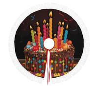 Christmas Tree Skirt Tassels Waterproof Christmas Tree Floor Mat Happy Birthday Big Cake Printed for Christmas New Year Party Holiday Decorations Collapsible