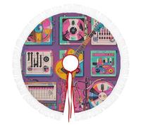 Christmas Tree Skirt Tassels Waterproof Christmas Tree Floor Mat Music Theme Guitar Printed for Christmas New Year Party Holiday Decorations Collapsible