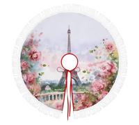 Christmas Tree Skirt Tassels Waterproof Christmas Tree Floor Mat Paris Eiffel Tower With Flowers Printed for Christmas New Year Party Holiday Decorations Collapsible