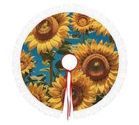 Christmas Tree Skirt Tassels Waterproof Christmas Tree Floor Mat Sunflower Flower Printed for Christmas New Year Party Holiday Decorations Collapsible