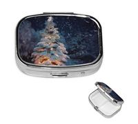 Christmas Tree Snow Square Metal Pill Box 2 Compartment Cute Travel Pill Organizer Case Portable Medicine Vitamin Organizer Pill Case for Women Men Travel Unique Gift