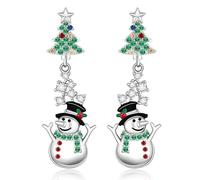 Christmas Tree Snowman Earrings for Women Sterling Silver Tree with Star Holiday Dangle Drop Earrings Colorful CZ Xmas Gifts(2PC)