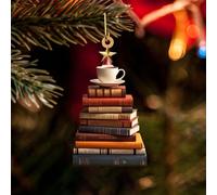 Christmas Tree Stacked Book Ornament Decorations,Acrylic Crafts 2D Design Hanging Decor,Xmas Tree Shape Bookshelf Pendant Decoration,Home Window Car Ornaments Accessories Book Lovers Gifts (A)