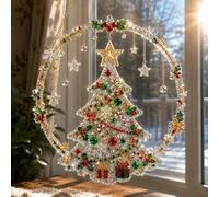 Christmas Tree Star Diamond Painting Hanging Ornament, DIY Rhinestone Wreath Decor with Snowflake & Star Charm, Gold Chain Window Door Wall Art Craft Kit, Holiday Gift