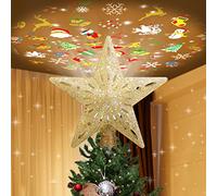 Christmas Tree Star Topper Lighted with 6 Projection Slides, Star Christmas Tree Topper LED Rotating 3D Lighted Gold Christmas Tree Topper Glitter Tree Topper Projector for Christmas Tree (Gold)