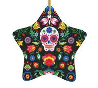 Christmas tree Sugar Horror Skull and Flowers Print star shaped ceramic Ornaments,Holiday Creative Home Decoration
