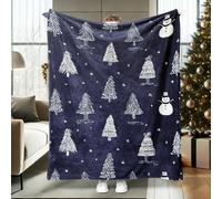 Christmas Tree Throw Blanket, Winter Festive Snow Man Stars Xmas Navy Blue Fleece Blankets Soft Cozy Decorative for Couch Sofa Bed Chair Car Office Desk 50x60 Inch