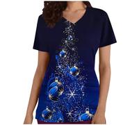 Christmas Tree Top for Women UK,Christmas Uniform Beauty Healthcare Spa Salon Scrub Tops Short Sleeve V Neck Xmas T Shirt Print Shirts Work Pullover Tunic Blouses Pockets Ladies Christmas Tops