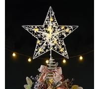 Christmas Tree Topper, 10 Inch Glittered Tree Star Xmas Tree Topper Xmas Metal Wire Tree Top Ornament with 15 LED Lights for Christmas New Year Holiday Decorations (Silver)