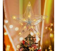 Christmas Tree Topper, 11.8 Inches Gold Glittered Xmas Tree Star Topper 10 LED Light Up Star Tree Topper Xmas Metal Wire Tree Top Ornament for Home Office Xmas Party Decor (Star)