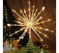 Christmas Tree Topper 15 inch Mid Century Vibe Retro 3D Lighted Starburst Tree Topper Decorations with Crystal and 19 Twinkle Lights(Gold)