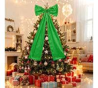 Christmas Tree Topper Bow, 48×130 cm Giant, with 3 m LED Light, Green | 51 In Long, Satin, with 5 Wooden Ornaments, for Christmas Tree Topper Ornament, for Front Door Wreath Decor
