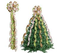 Christmas Tree Topper Bow, 52 x 12 Inch Red Green White Polka Dot Large Green Tree Topper Ribbon Christmas Bow with Glitter Streamers for Wreaths Xmas Party Holiday Festival Decorations