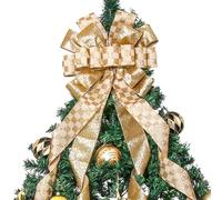 Christmas Tree Topper Christmas Wreath Bow, 52 * 13 inches Large Tree Toppers Bow with Glitter Streamer and Patterned Ribbon for Xmas Tree Décor Christmas Home Indoor Outdoor Decoration Gold