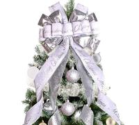 Christmas Tree Topper Christmas Wreath Bow, 52 * 13 inches Tree Toppers Bow with Letter Patterned Ribbon for Xmas Tree Christmas Rustic Farmhouse Home Holiday Party Decorations Silver