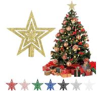 Christmas Tree Topper, Glitter Christmas Tree Star Topper Ornament, 15cm Shatterproof Xmas Tree Topper with Hollow Design for Home Decorations, Gold