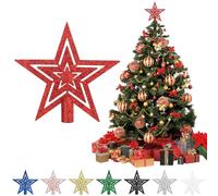 Christmas Tree Topper, Glitter Christmas Tree Star Topper Ornament, 15cm Shatterproof Xmas Tree Topper with Hollow Design for Home Decorations, Red