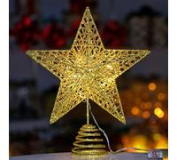 Christmas Tree Topper, Gold Glittered Hollow Christmas Tree Topper Star for Christmas Tree Ornament Metal Xmas Small Star for Top of Xmas Tree Decorations (Gold,With Light)