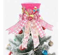 Christmas Tree Topper Hat, Pink Velvet Tree Hat with Cute Gingerbread House and Man, Candy Cane, Plaid Bow and Lollipop Ribbon, Xmas Tree Winter Holiday Ornaments for Home Decor, Festive Gift (Pink)