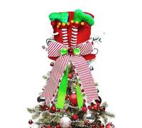 Christmas Tree Topper Hat with Bow, 25cm Large Velvet Top Hat Ornament with Elf Legs and Red & Green Wired Bows for Funny Holiday Party Home Indoor Xmas Tree Decorations