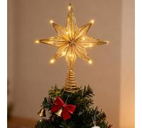 Christmas Tree Topper Lighted, Glittered Xmas Hollow Star Treetop Toppers Ornaments with LED Lights Christmas Tree Decorations for Xmas New Year Holiday Decorations