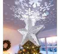 Christmas Tree Topper Lighted Star [Silver],3D Hollow Sparkling Star Christmas Tree Topper with Rotating Magic Cool White Snowflake Projector for Christmas Tree Ornament (Silver)