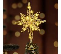 Christmas Tree Topper Lighted, Stereo Christmas Tree Star Topper with 20 LED Lights Gold Glittered Xmas Hollow Star Treetop Toppers Ornaments for Home Holiday Decorations
