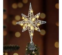 Christmas Tree Topper Lighted, Stereo Christmas Tree Star Topper with 20 LED Lights Silver Glittered Xmas Hollow Star Treetop Toppers Ornaments for Home Holiday Decorations