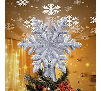 Christmas Tree Topper Lighted with Built-in Led Rotating Snowflake Projector Lights, 9.6” Hollowed Tree Topper with Silver Spangles Plug In for Indoor Home Xmas New Year Party Holiday Night Tree Decor