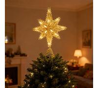 Christmas Tree Topper, Metal Glitter 8-Point Star Xmas Glittered Tree-top with LED Twinkle Lamp Ornament Xmas Ornaments Topper Holder for Christmas New Year Holiday Decorations