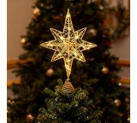 Christmas Tree Topper, Metal Glitter 8-Point Star Xmas Glittered Tree-top with LED Twinkle Lamp Ornament Xmas Ornaments Topper Holder for Christmas New Year Holiday Decorations