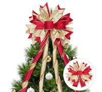Christmas Tree Topper, Red Gold Toppers Bow 40x13 Inches with Glitter Satin Mesh Streamer and Patterned Ribbon, Christmas Home Decorations