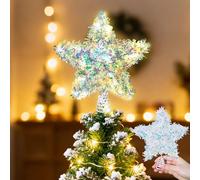 Christmas Tree Topper Star, Sparkly Tinsel Star for Christmas Tree Decoration 6 Inch, Iridescent Holiday Treetop Stars for Small Tabletop Tree Battery Operated Fairy Light Tinsel Topper for Xmas Tree