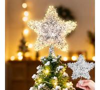 Christmas Tree Topper Star, Sparkly Tinsel Star for Christmas Tree Decoration 6 Inch, Silver Holiday Treetop Stars for Small Tabletop Tree Battery Operated Fairy Light Tinsel Topper for Xmas Tree