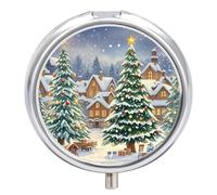 Christmas Tree Town Pill Box Case 3 Compartment Travel Medicine Pill Organizer 3x A Day Portable Vitamin Organizer with Mirror Small Pillbox for Purse & Pocket Cute Daily Medicine Container Metal Vita