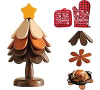 Christmas Tree Trivet Set, Natural Wood Tree Trivet Set, Smiilee Artisanal Wooden Coasters Trivets, Foldable Christmas Tree Cup Coaster Set for Home Table Decor (Star-4pcs)