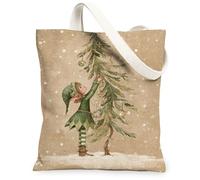 Christmas Tree Vintage Fanciful Canvas Tote Bags, Festive Holiday Design Lightweight Washable Shoulder Strap Reusable Groce, Green, 13x15 Inch