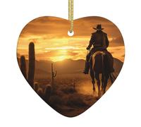 Christmas Tree West Desert Cactus with Cowboys Riding Horses2 Print Heart Shaped Ceramic Ornaments,Holiday Creative Home Decoration
