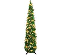 Christmas Tree with Lights, 150cm/5ft Collapsible Artificial Xmas Tree, Pop Up Christmas Tree Tinsel Tall Skinny Coastal Xmas Tree for Home Office Holiday Xmas Decor (Dark green)