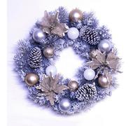 Christmas Tree World 50Cm Decorated Silver Mixed Pine Wreath With Rose Gold Poinsettia