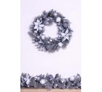 Christmas Tree World | 50cm Decorated Silver Mixed Pine Wreath with White Poinsettia