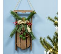 Christmas Tree World 55Cm Brown Decorative Wooden Sled With Gold Bow