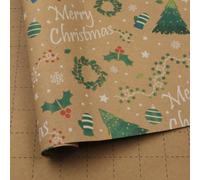 Christmas Tree Wrapping Paper - Mini Roll - Cartoon Merry Christmas Wreath Tree Holly Berry Snowflakes Design Brown Kraft Gift Wrap for Xmas Holiday Birthday Present & Decoration - 43x300cm