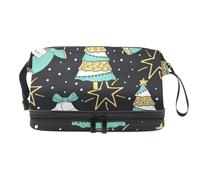 Christmas Trees Angels Bells and Stars Double Layer Cosmetic Bag for Women and Girls, Travel Toiletry Bag Makeup Handy Pouch Organiser Bag with Brush Compartment