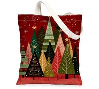 Christmas Trees Canvas Tote Bags, Artistic Holiday Design Reusable Grocery Bags, Vintage Lightweight Washable Shoulder Stra, Red, 13x15 Inch